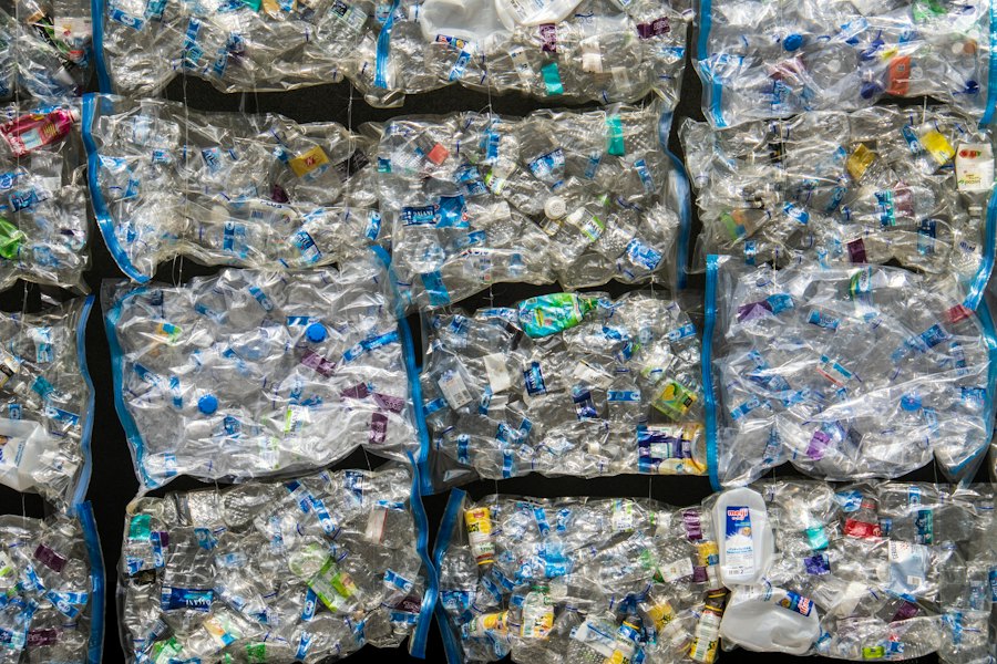 Bales of plastic bottles ready for recycling